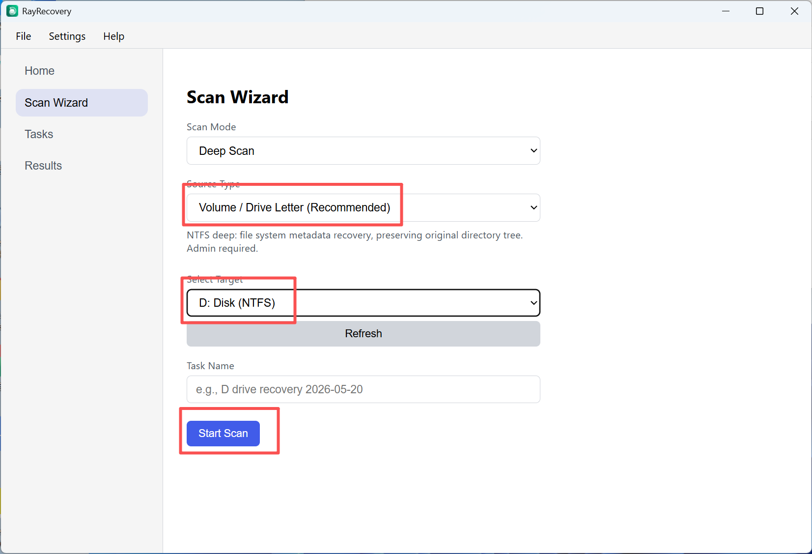 Scan Wizard 鈥?select volume and start Deep Scan