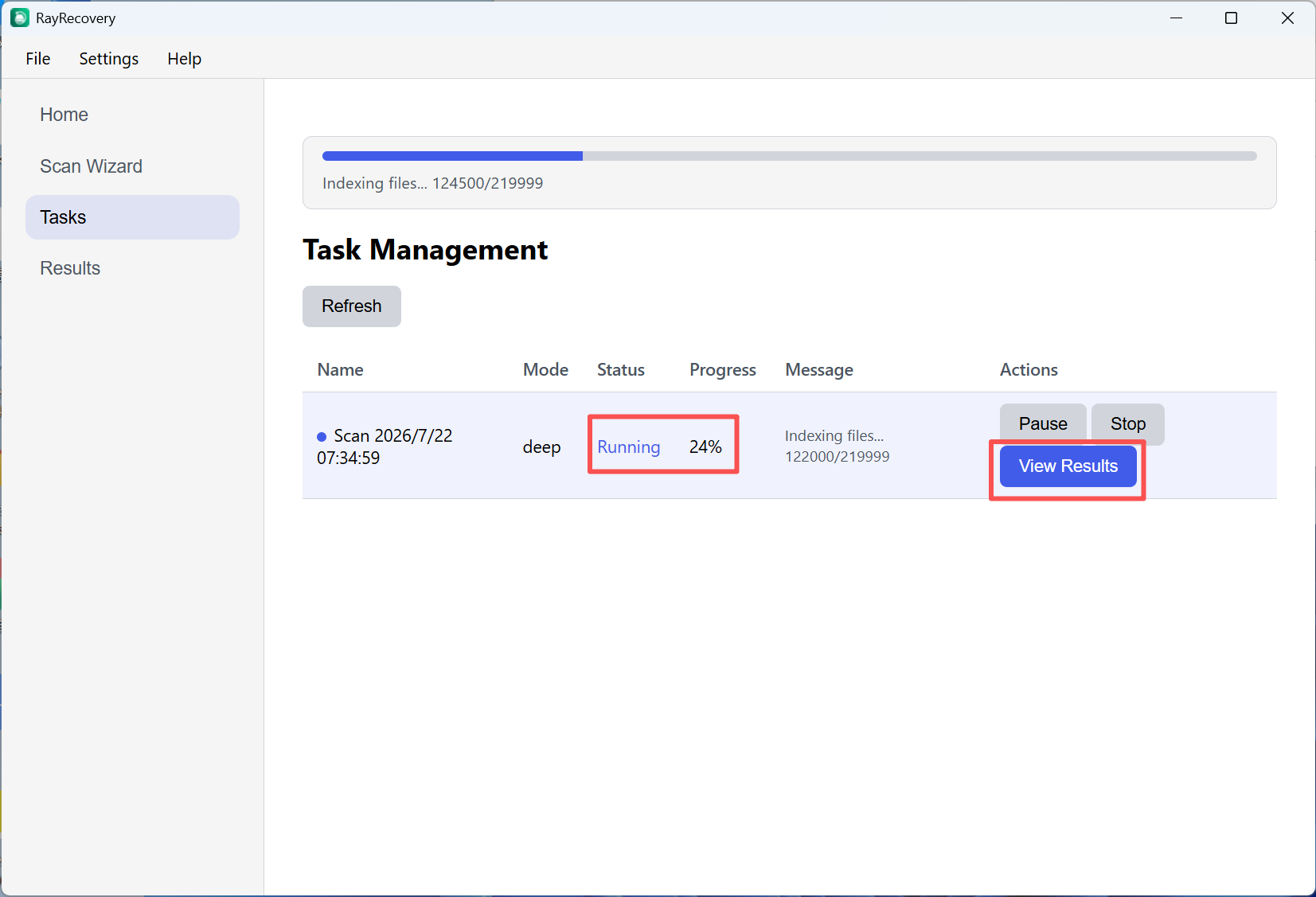 Tasks 鈥?Deep Scan running, View Results