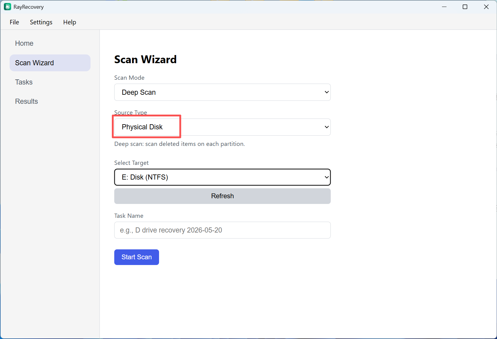 Scan Wizard 鈥?Source Type Physical Disk and Start Scan