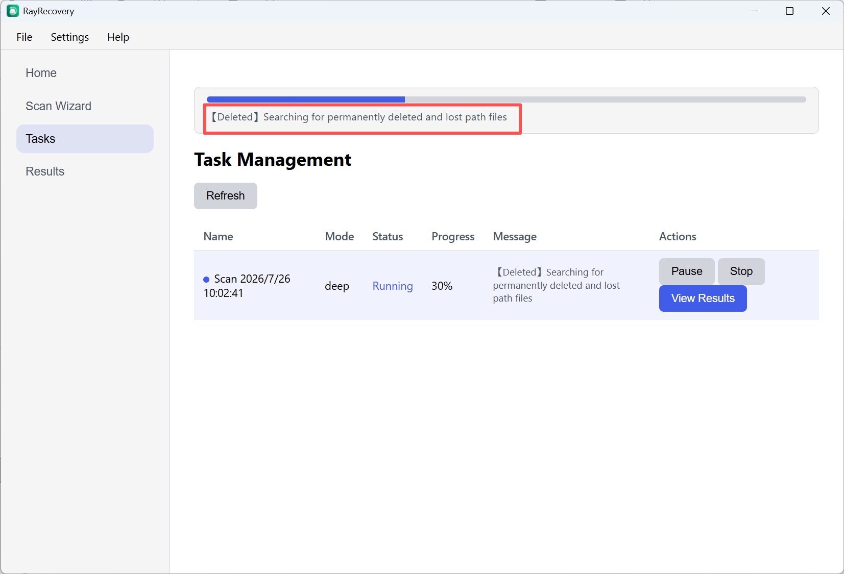 Tasks 鈥?Physical Disk Deep Scan running, View Results