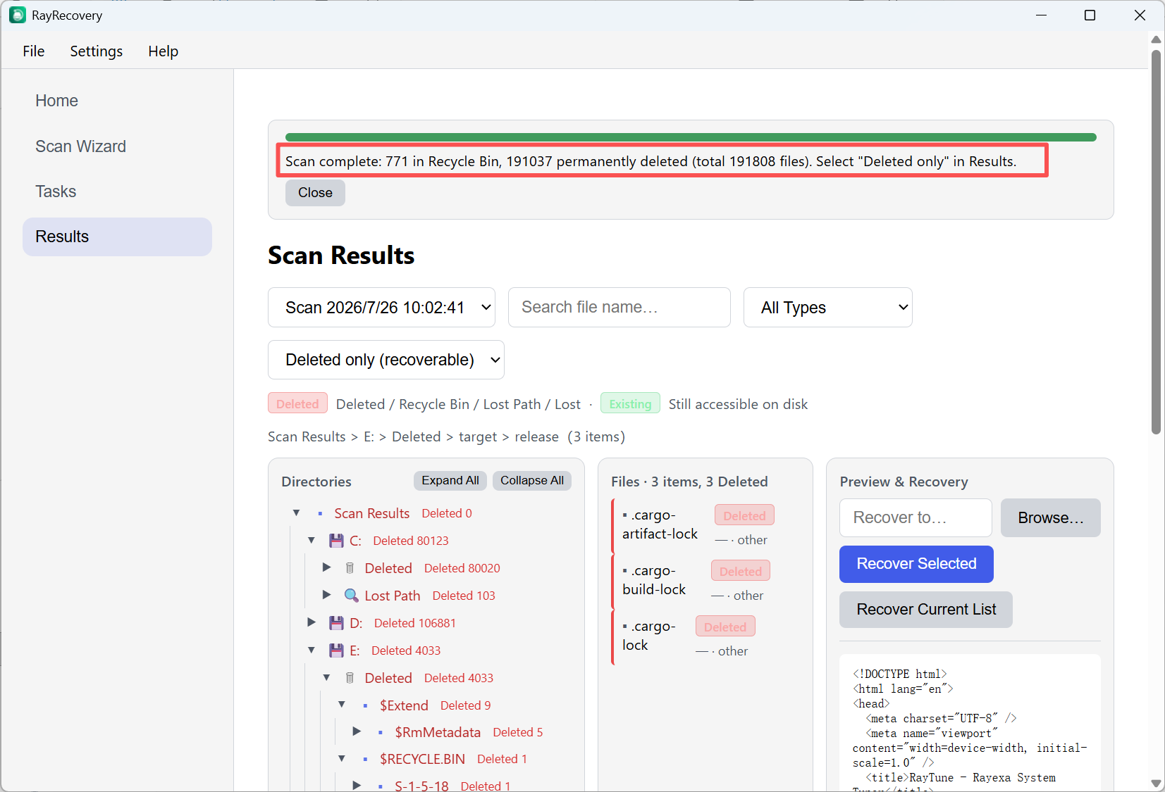 Results 鈥?Deleted only filter and recover files from Physical Disk scan