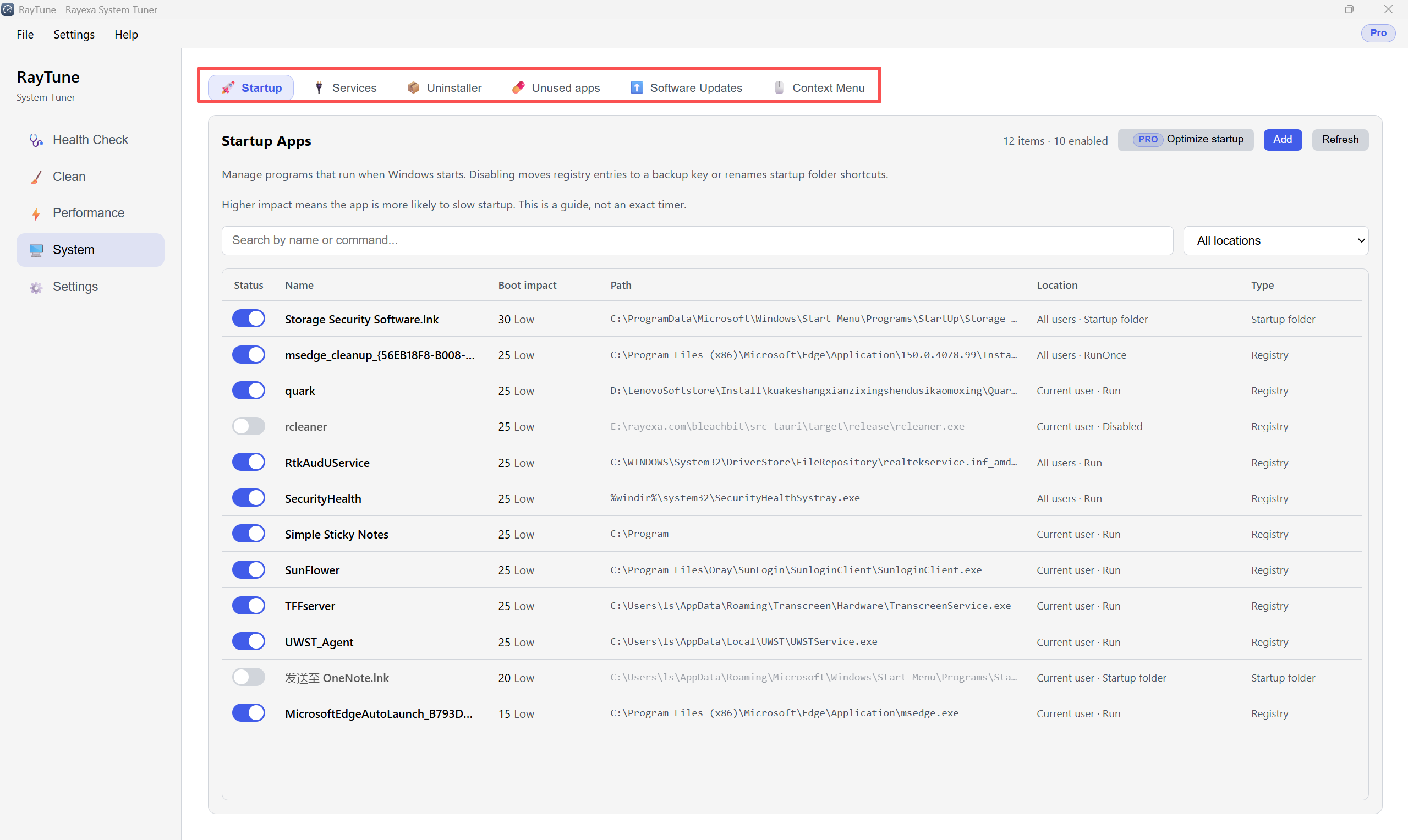 System 鈥?Startup apps toggles