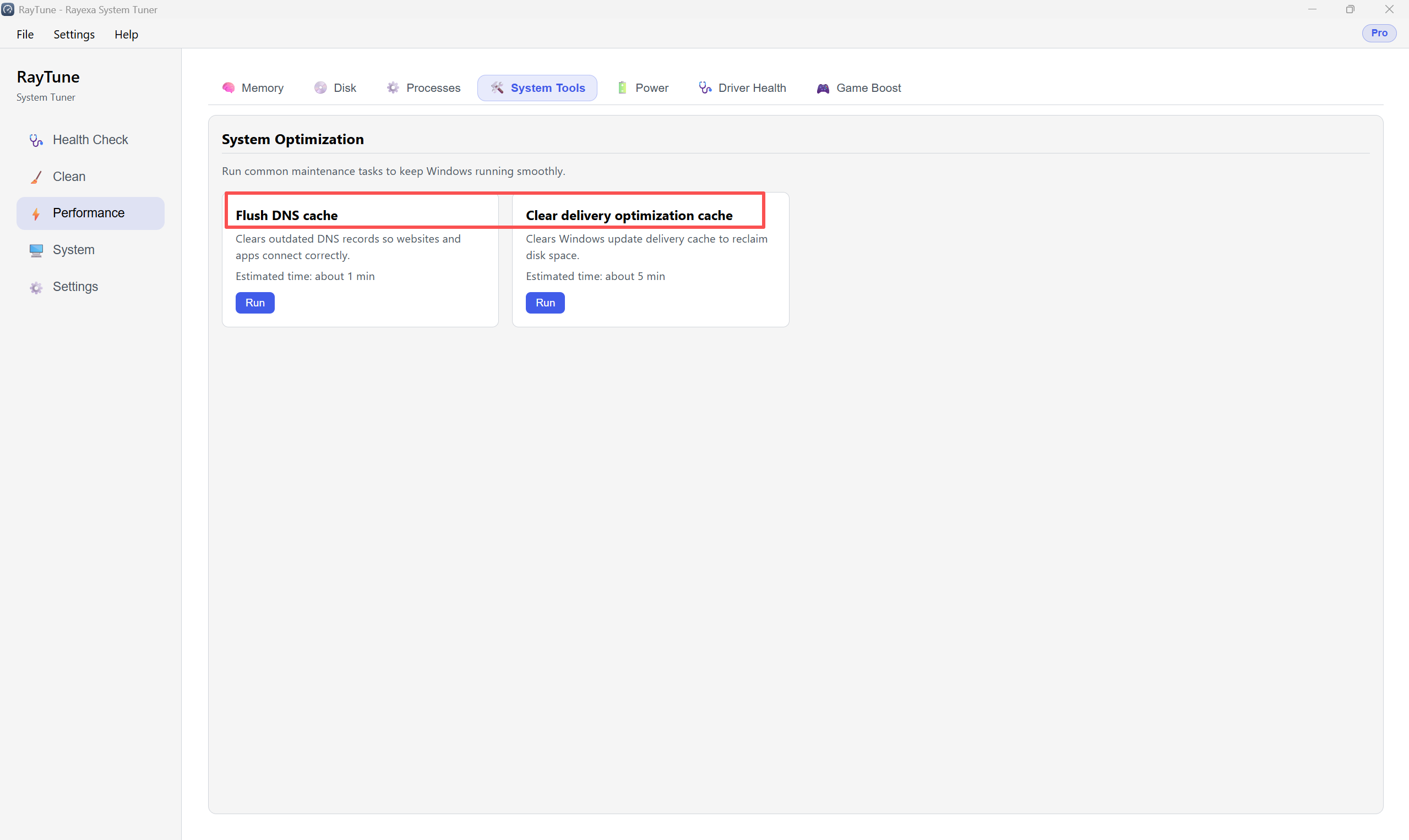 Performance 鈥?System Tools, Flush DNS and Clear delivery optimization cache