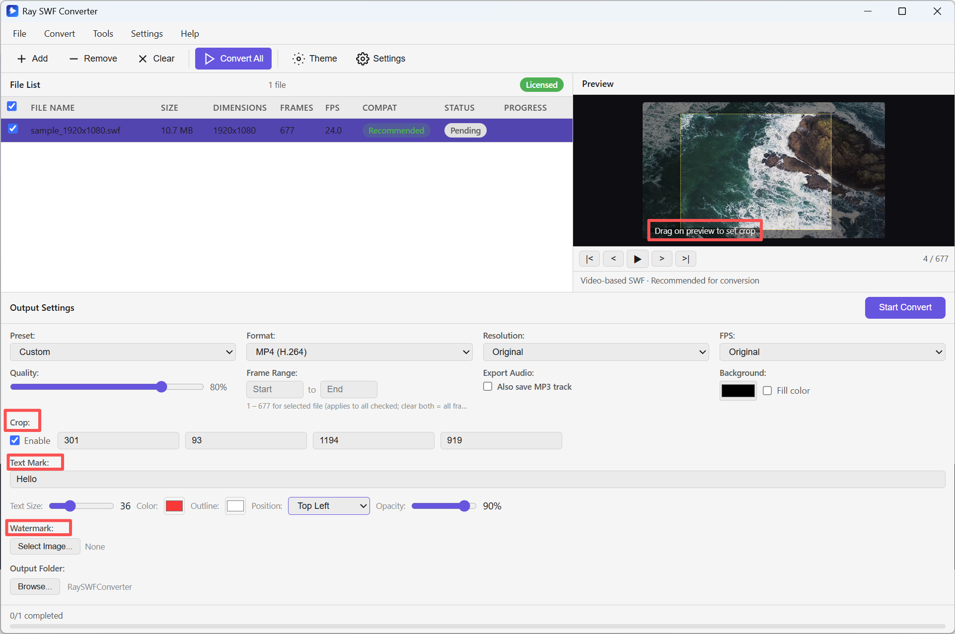 Output settings 鈥?Crop, Text Mark, Watermark
